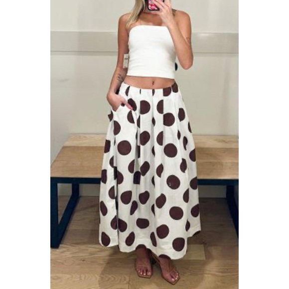 NWT Anthro Maeve Cotton Poplin Pleated Cream and Brown Polka Dot Midi Skirt XS - Picture 14 of 15
